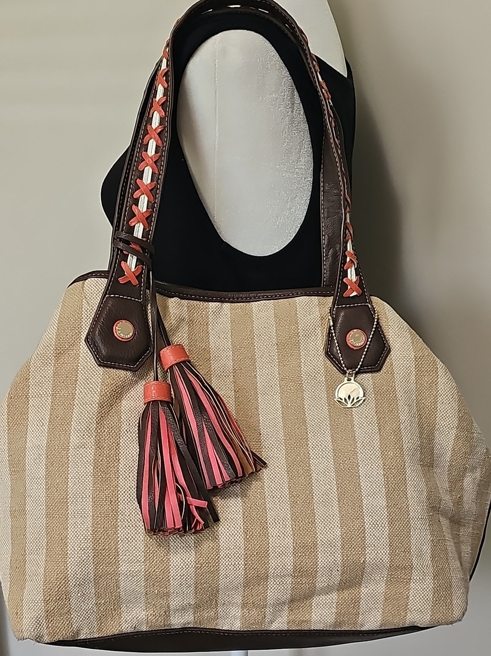 Big Buddha Striped Canvas Tote with Pink Tassels and Brown Trim